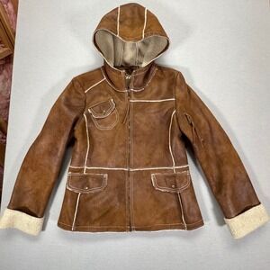 Guess Womens Faux Suede Shearling Jacket Brown Hooded Zip Front L